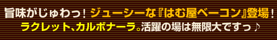 旨味がじゅわっ!ジューシーな『はむ屋ベーコン』登場!▲ラクレット、カルボナーラ。活躍の場は無限大ですっ♪