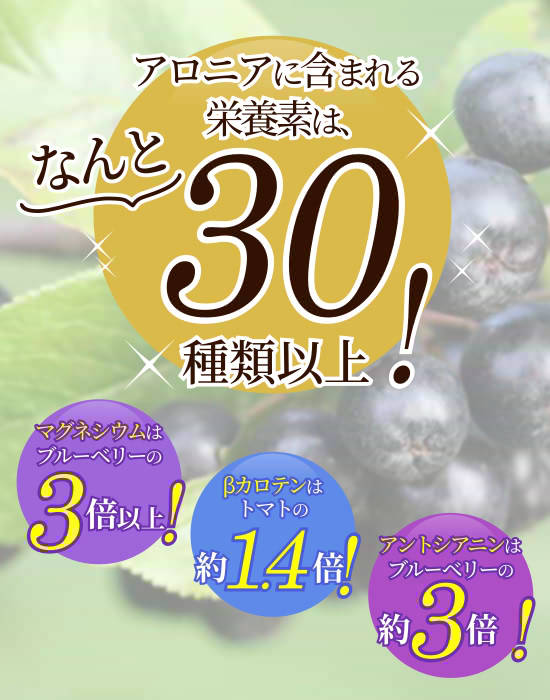 アロニアに含まれる栄養素はなんと30種類以上! アントシアニンはブルーベリーの約３倍! マグネシウムはブルーベリーの３倍以上! ベータカロテンはトマトの約1.4倍!