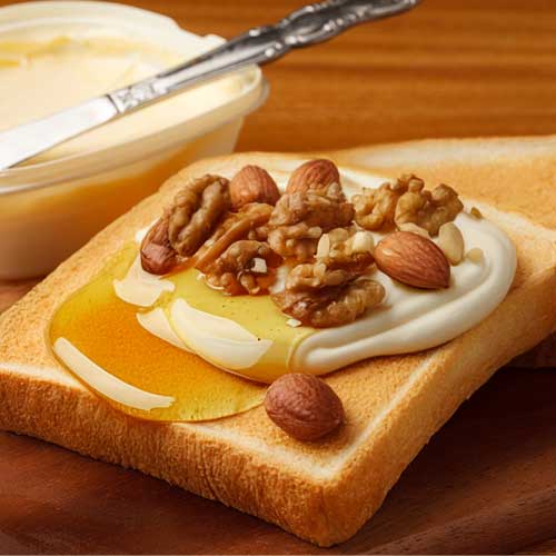 トーストしたパンにフロマージュ・フレとナッツをのせて